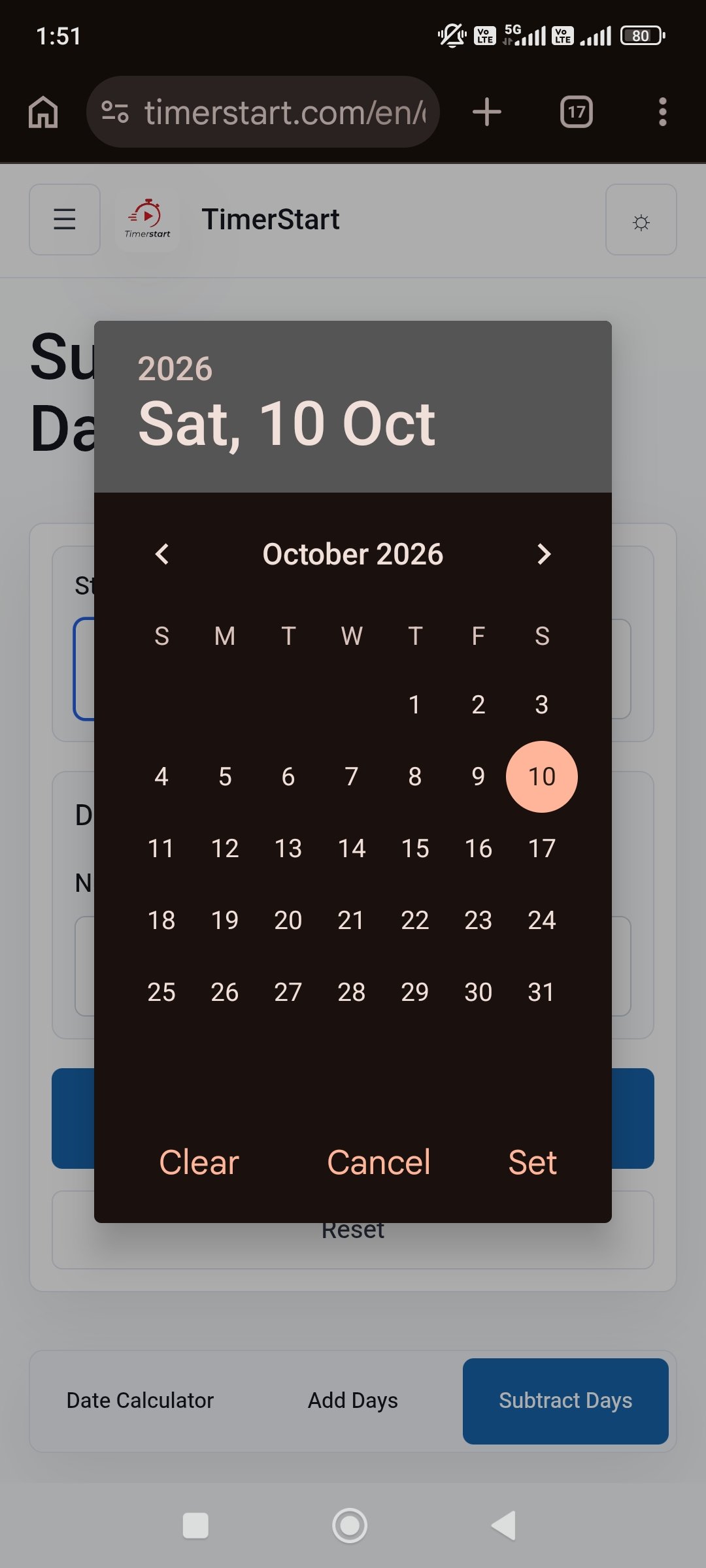 TimerStart Subtract Days calculator with October 10, 2026 selected as the starting date