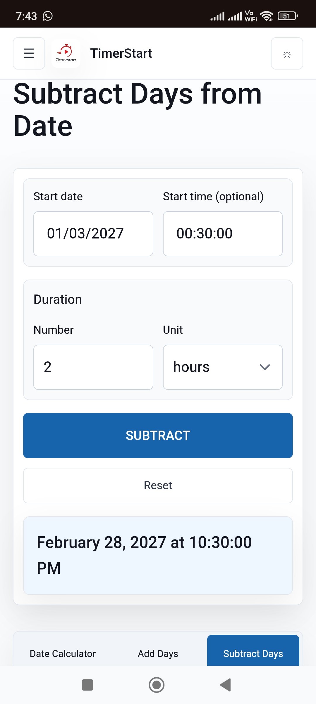 TimerStart Subtract Days calculator showing March 1, 2027 at 12:30 AM minus 2 hours result as February 28, 2027 at 10:30 PM