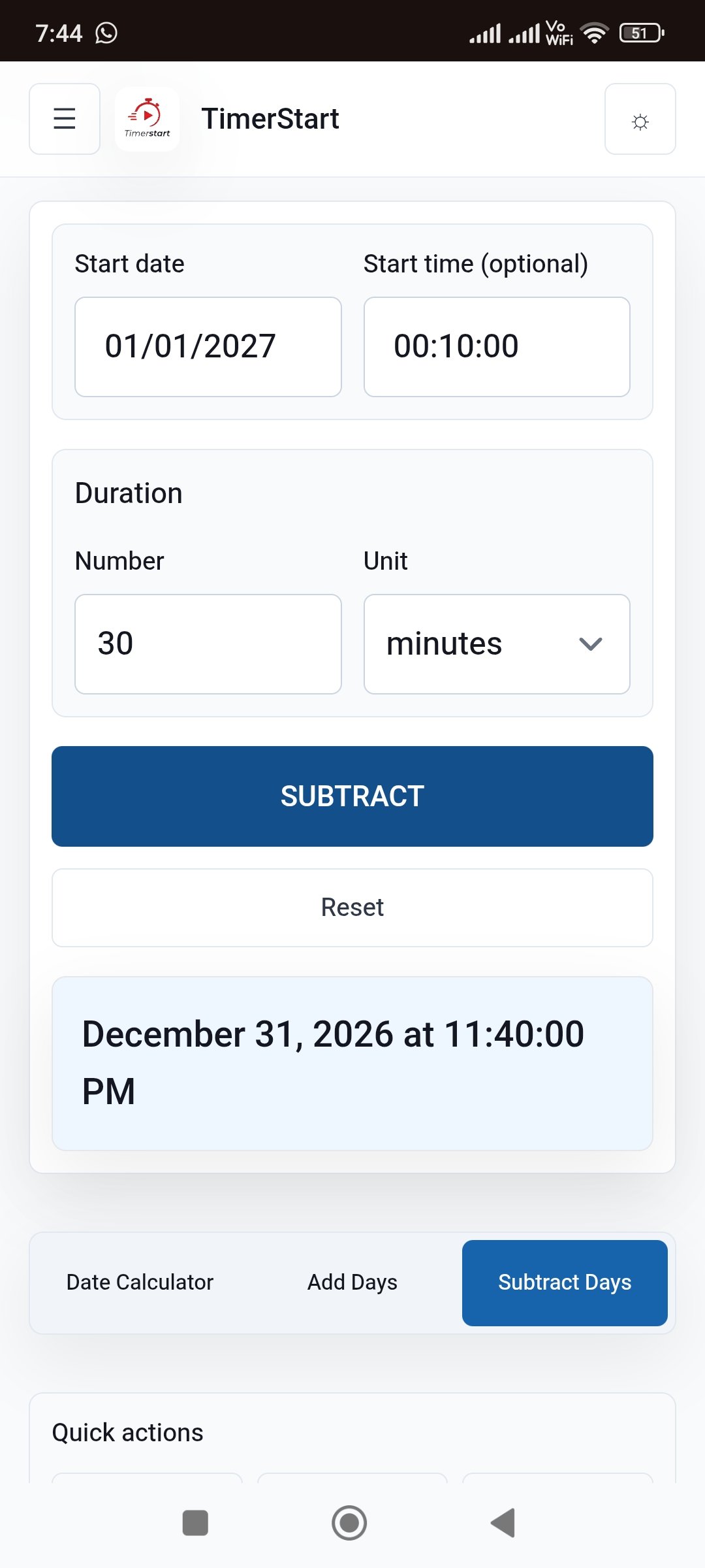 TimerStart Subtract Days calculator showing January 1, 2027 at 00:10 minus 30 minutes result as December 31, 2026 at 11:40 PM