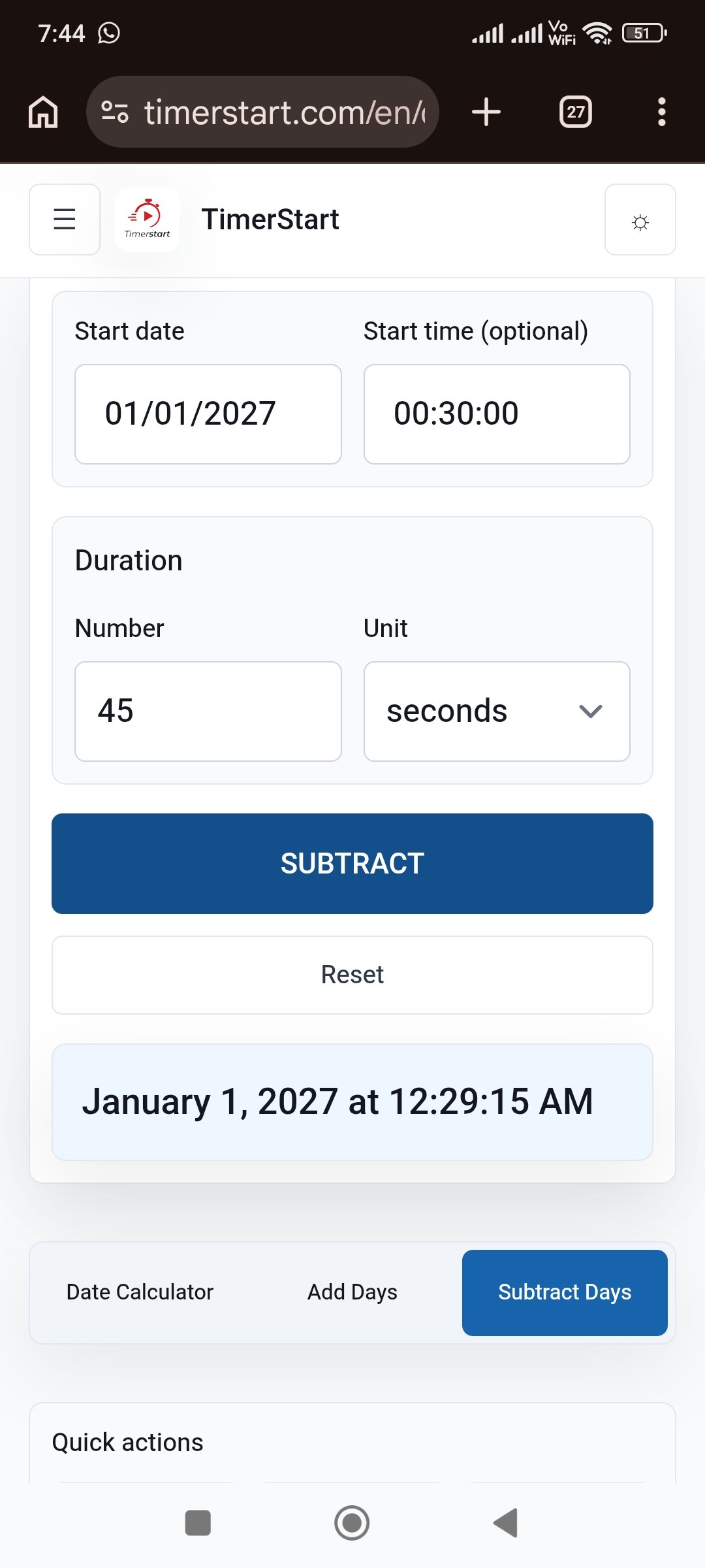 TimerStart Subtract Days calculator showing a seconds subtraction result