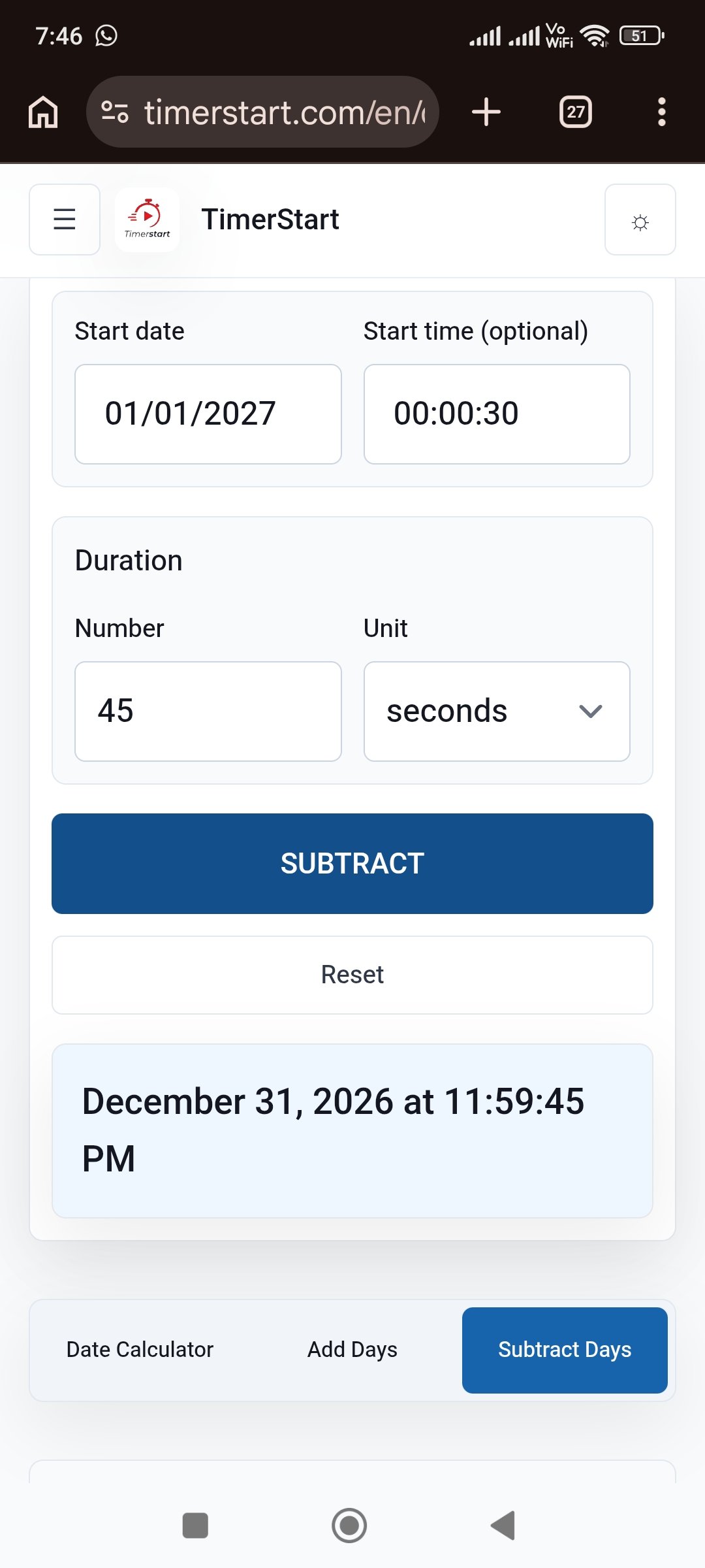 TimerStart Subtract Days calculator showing January 1, 2027 at 00:00:30 minus 45 seconds result as December 31, 2026 at 11:59:45 PM