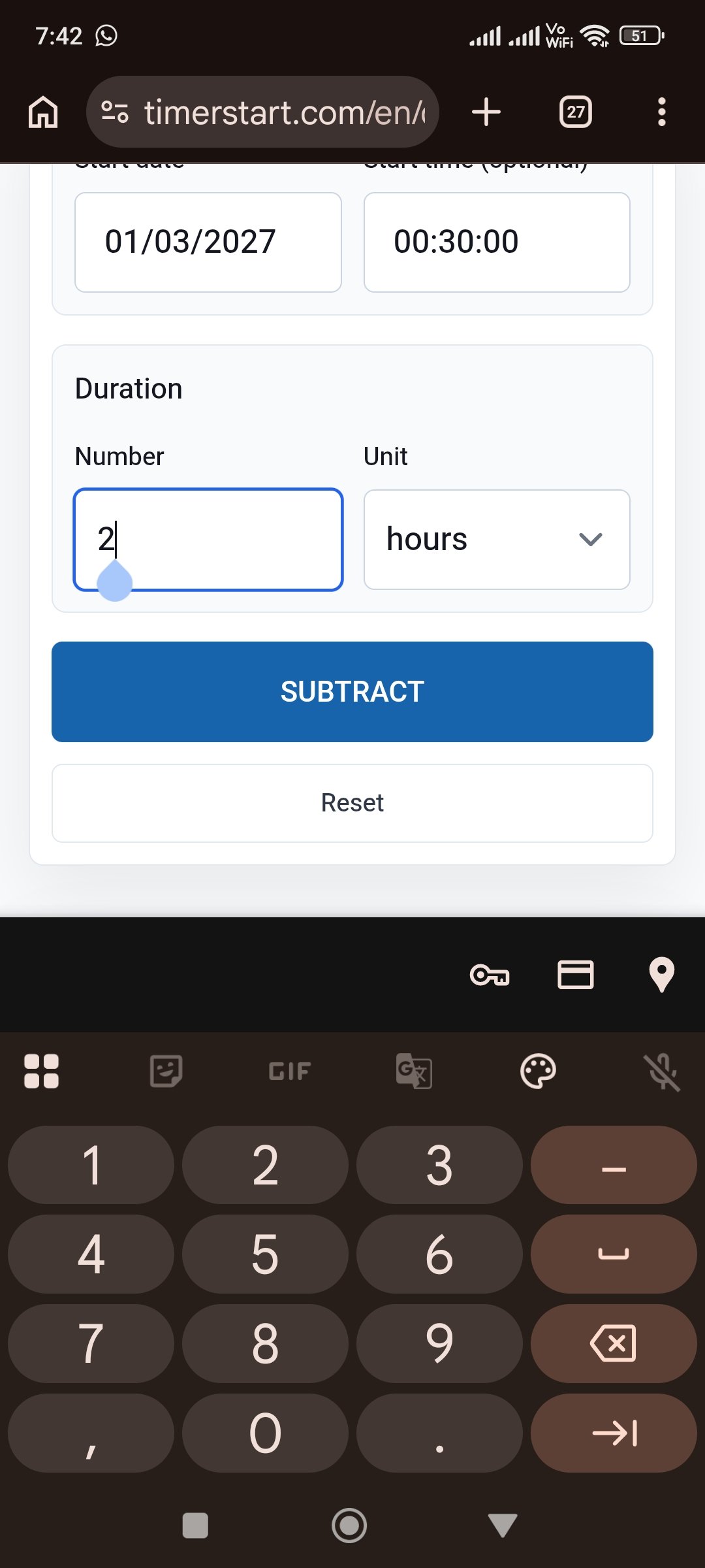 TimerStart Subtract Days calculator entering 2 hours as the duration to subtract