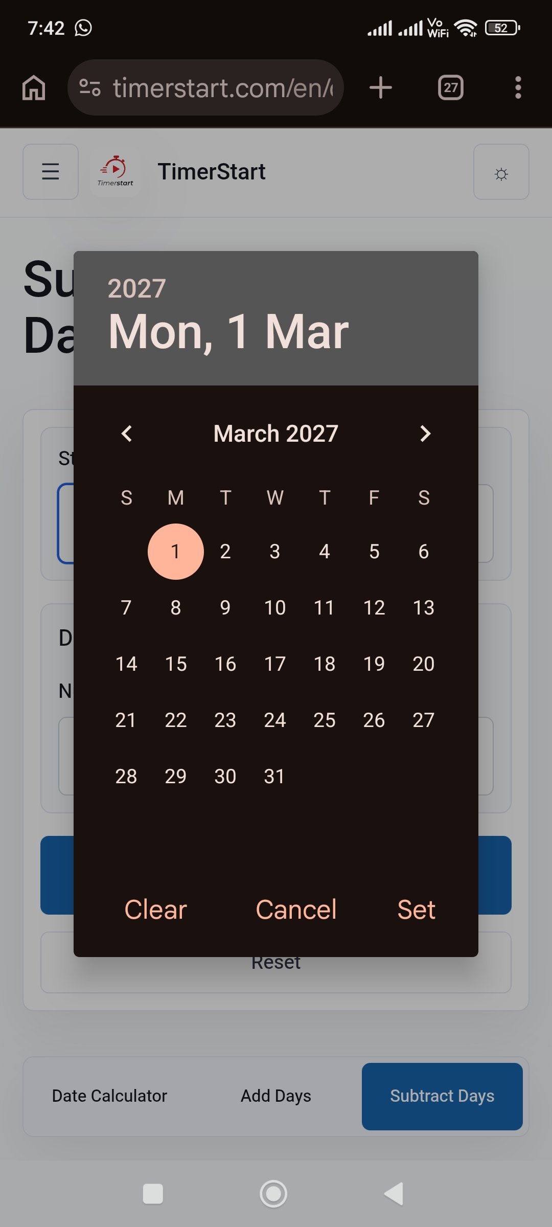 TimerStart Subtract Days calculator date picker selecting March 1, 2027 as the reference date