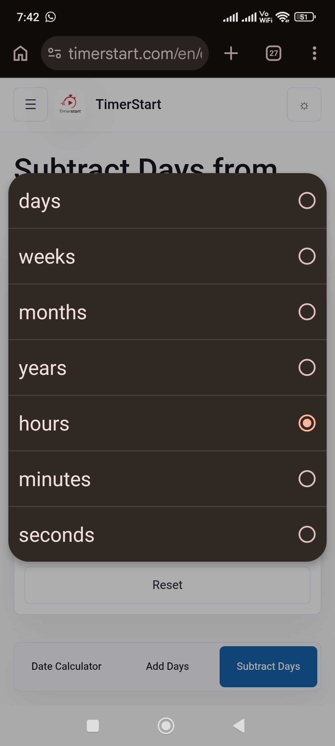 TimerStart Subtract Days calculator unit selector showing hours as the selected unit