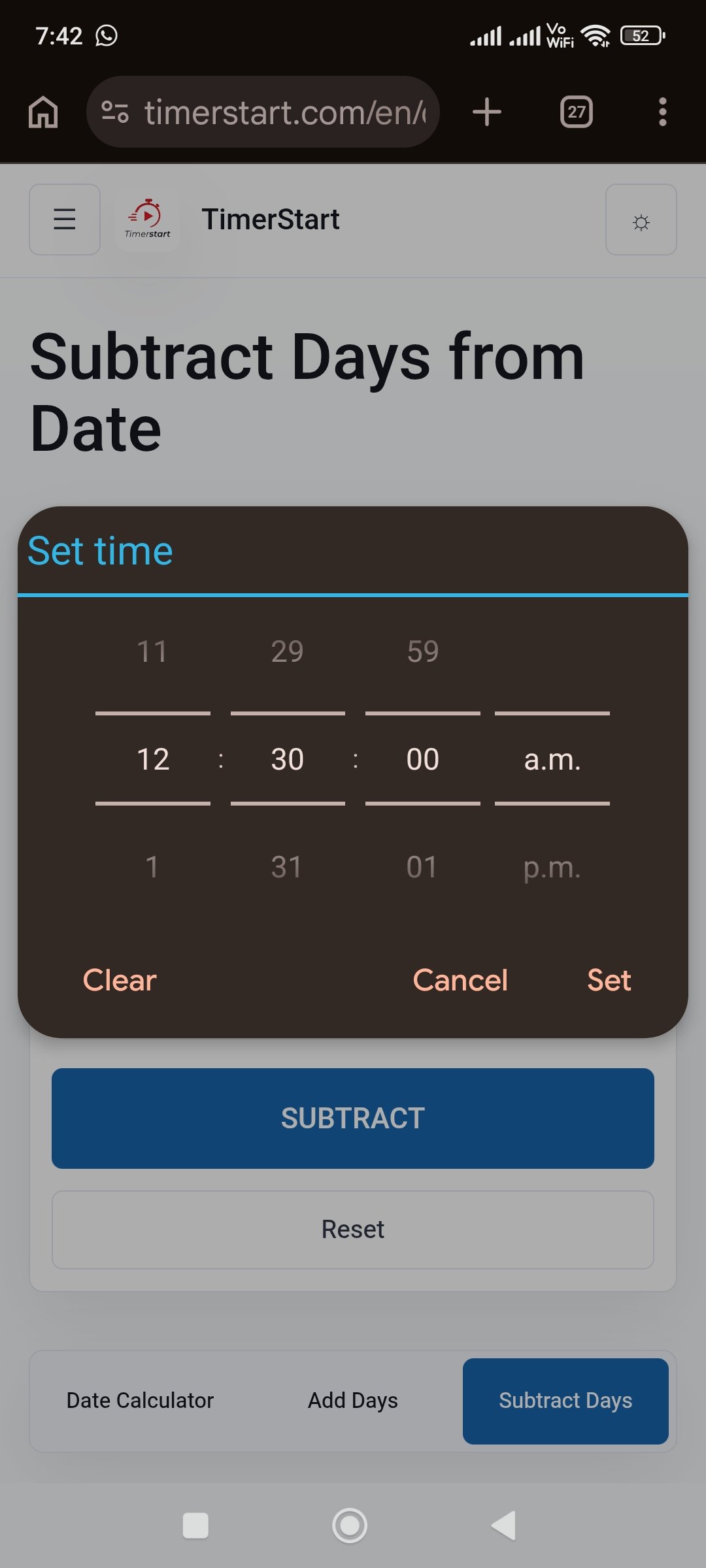 TimerStart Subtract Days calculator time picker selecting 12:30 AM