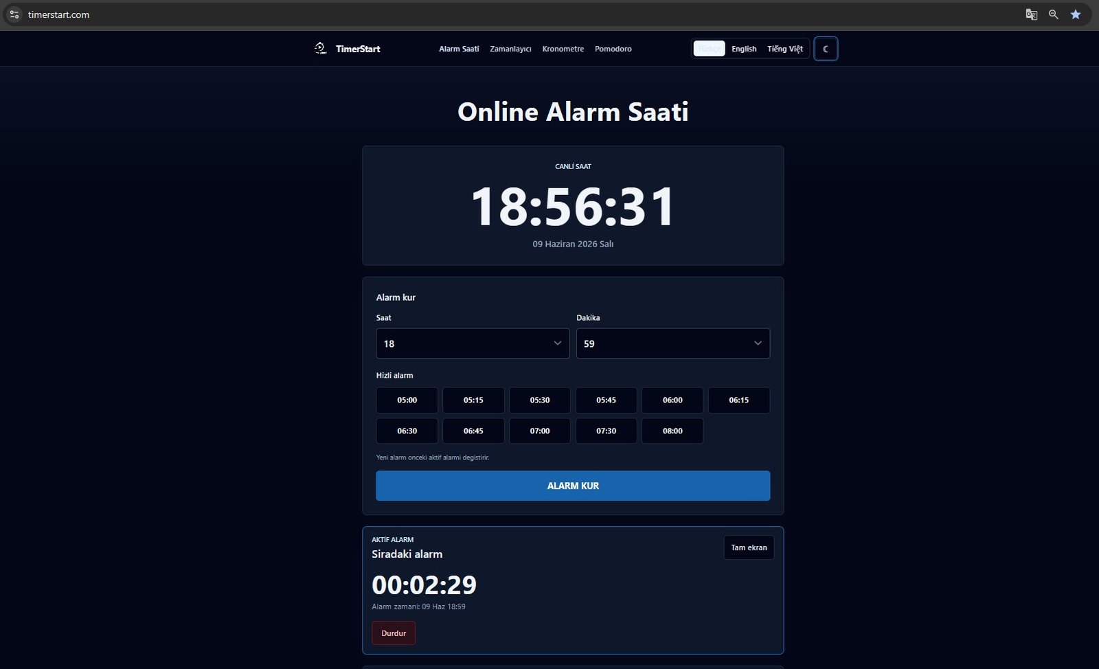 TimerStart online zamanlayıcı gece modu