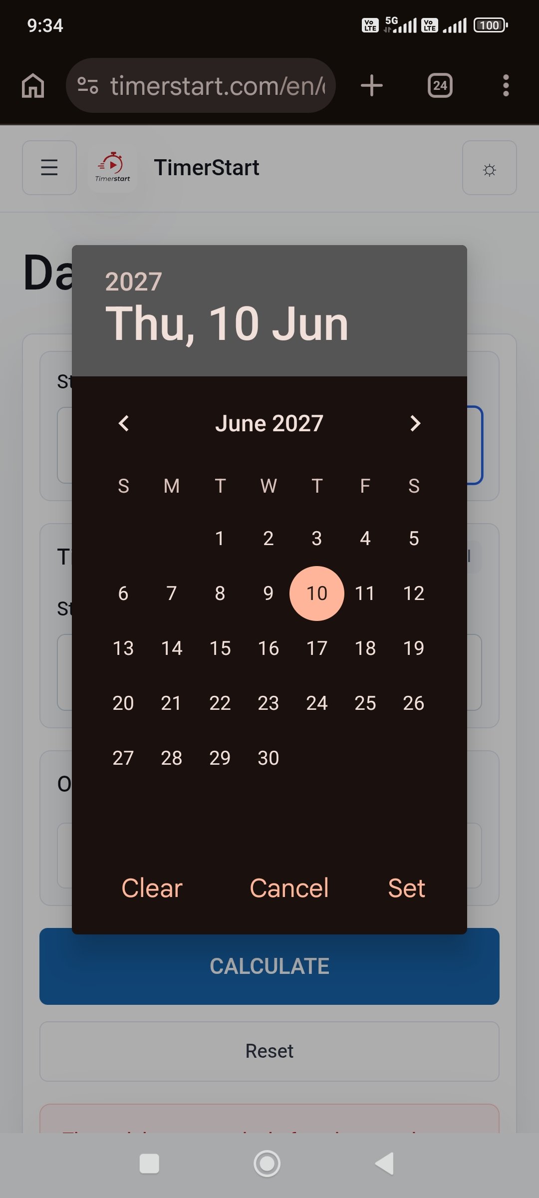 TimerStart Date Calculator date picker selecting June 10, 2027 as the end date