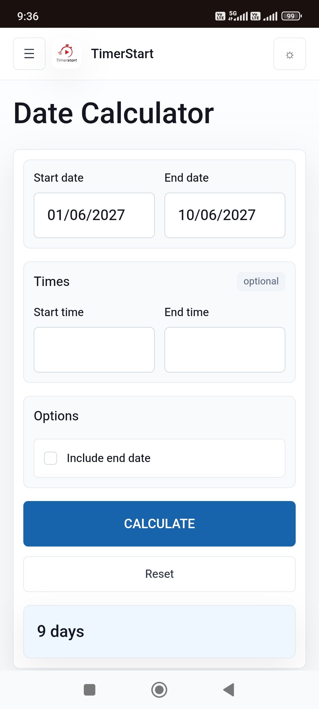 TimerStart Date Calculator showing Include End Date unselected with a 9 days result