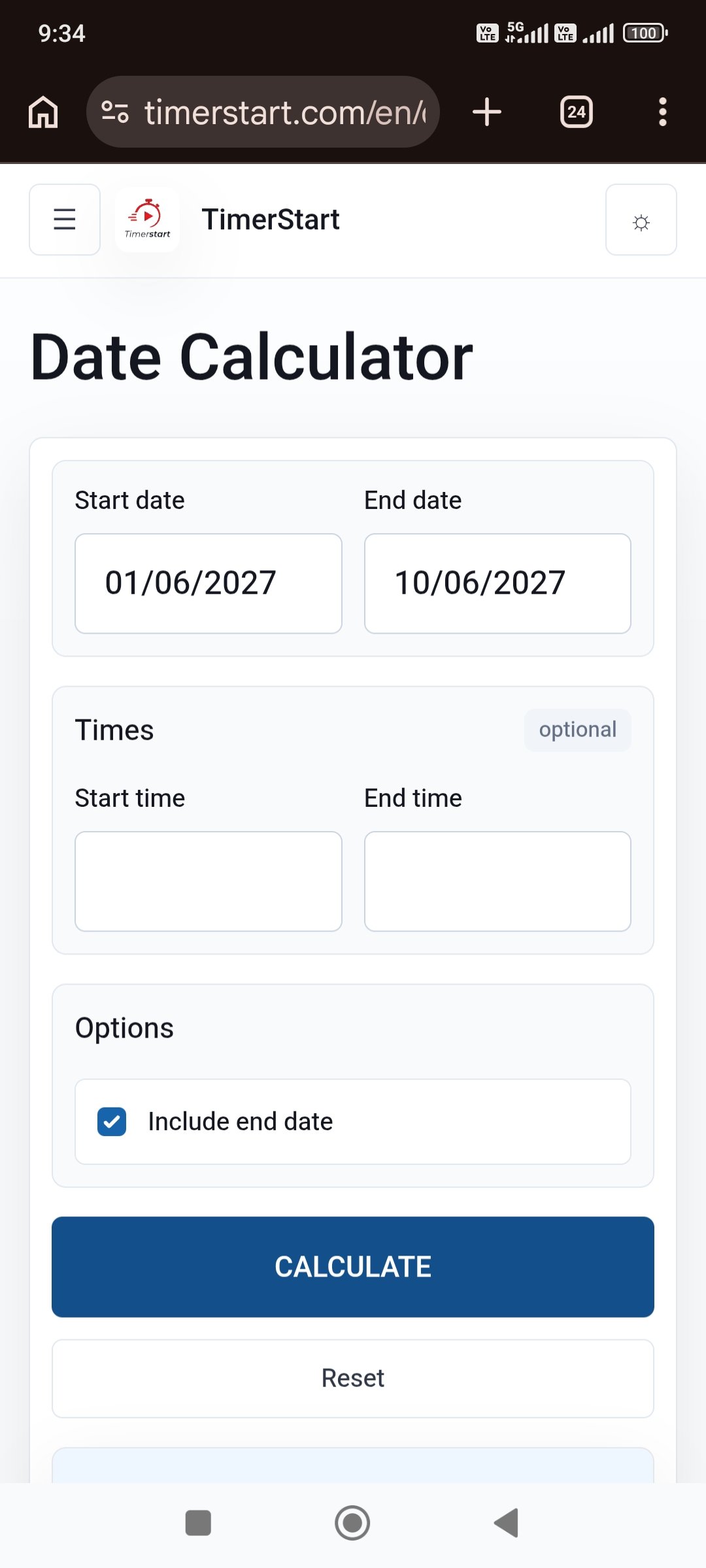 TimerStart Date Calculator showing June 1, 2027 to June 10, 2027 with Include End Date selected