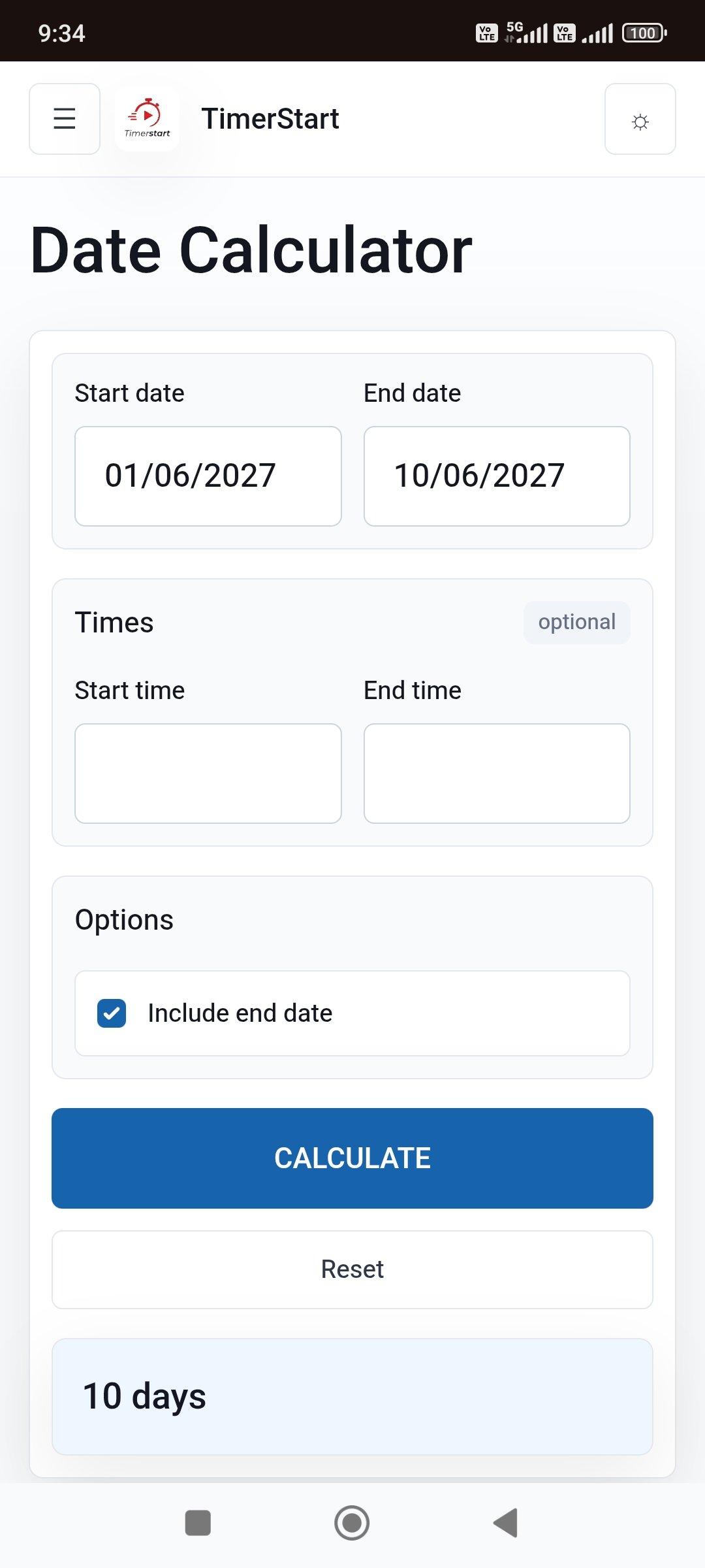 TimerStart Date Calculator showing Include End Date selected with a 10 days result