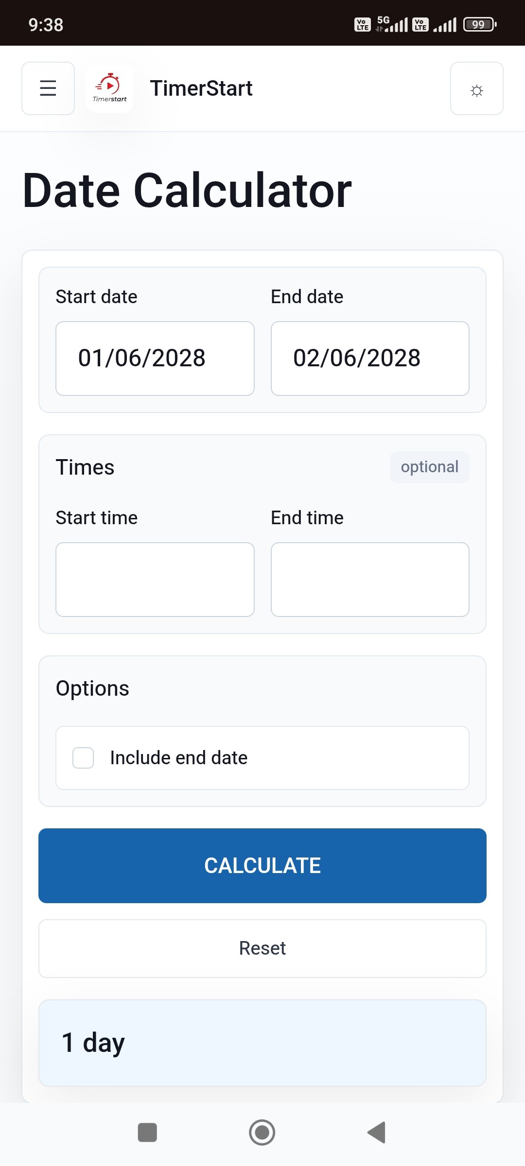 TimerStart Date Calculator showing a one day result for June 1, 2028 to June 2, 2028