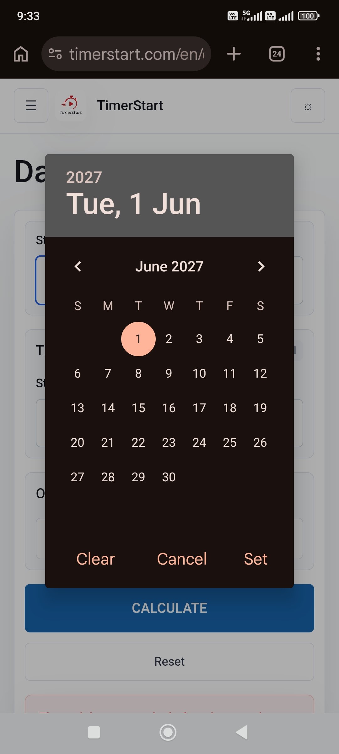 TimerStart Date Calculator date picker selecting June 1, 2027 as the start date