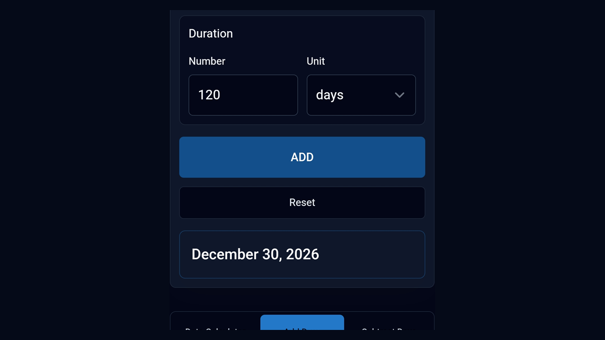 TimerStart Add Days preview for calculating 120 or 180 days from today