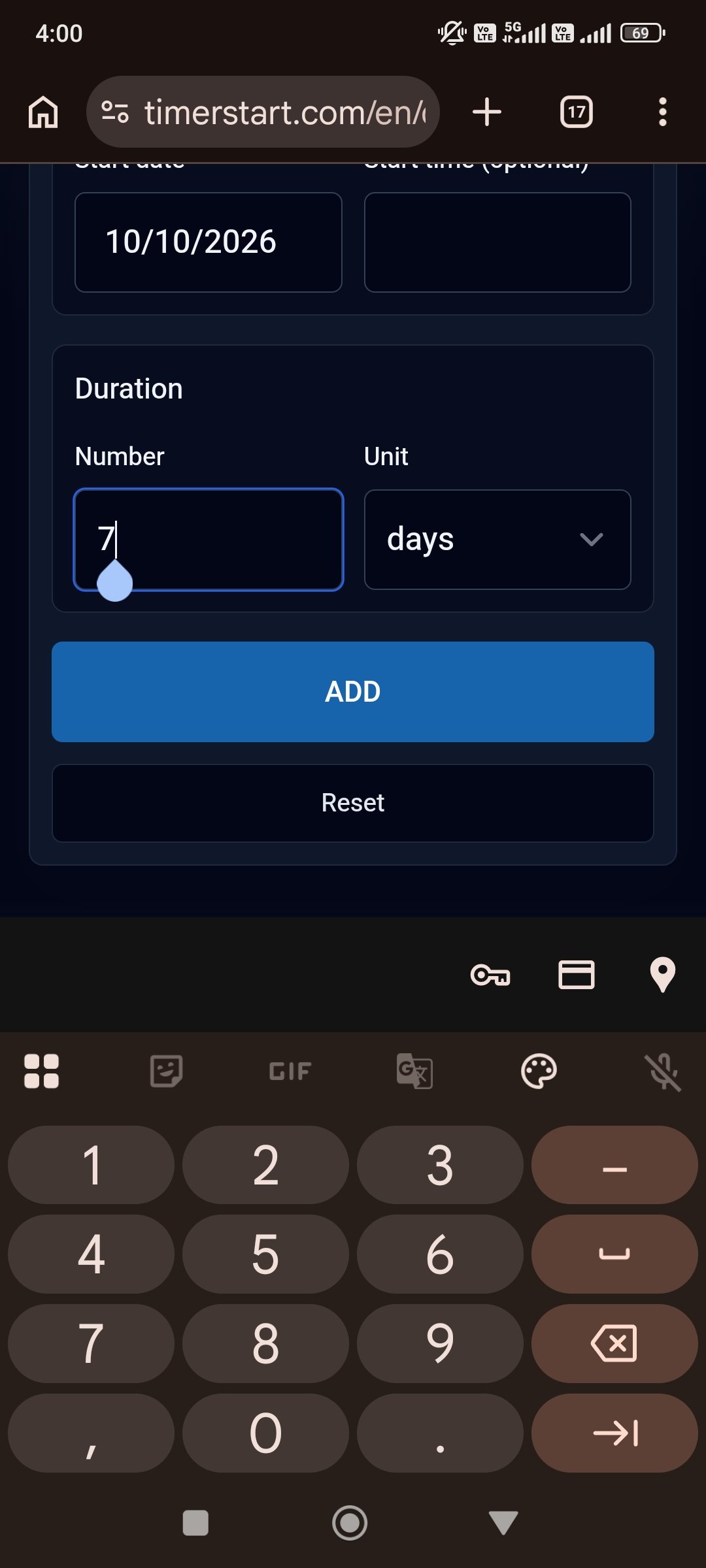 TimerStart Add Days calculator showing number of days entered after selecting October 10, 2026