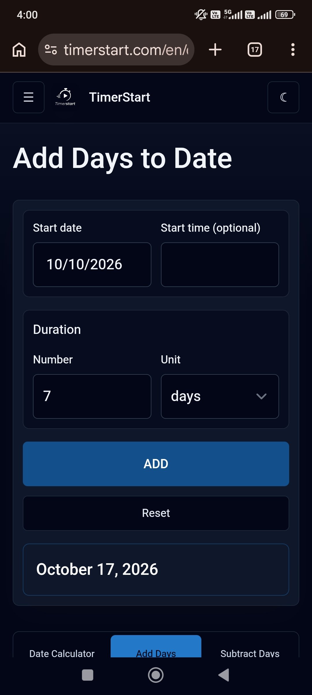 TimerStart Add Days calculator showing the calculated result after adding days to October 10, 2026