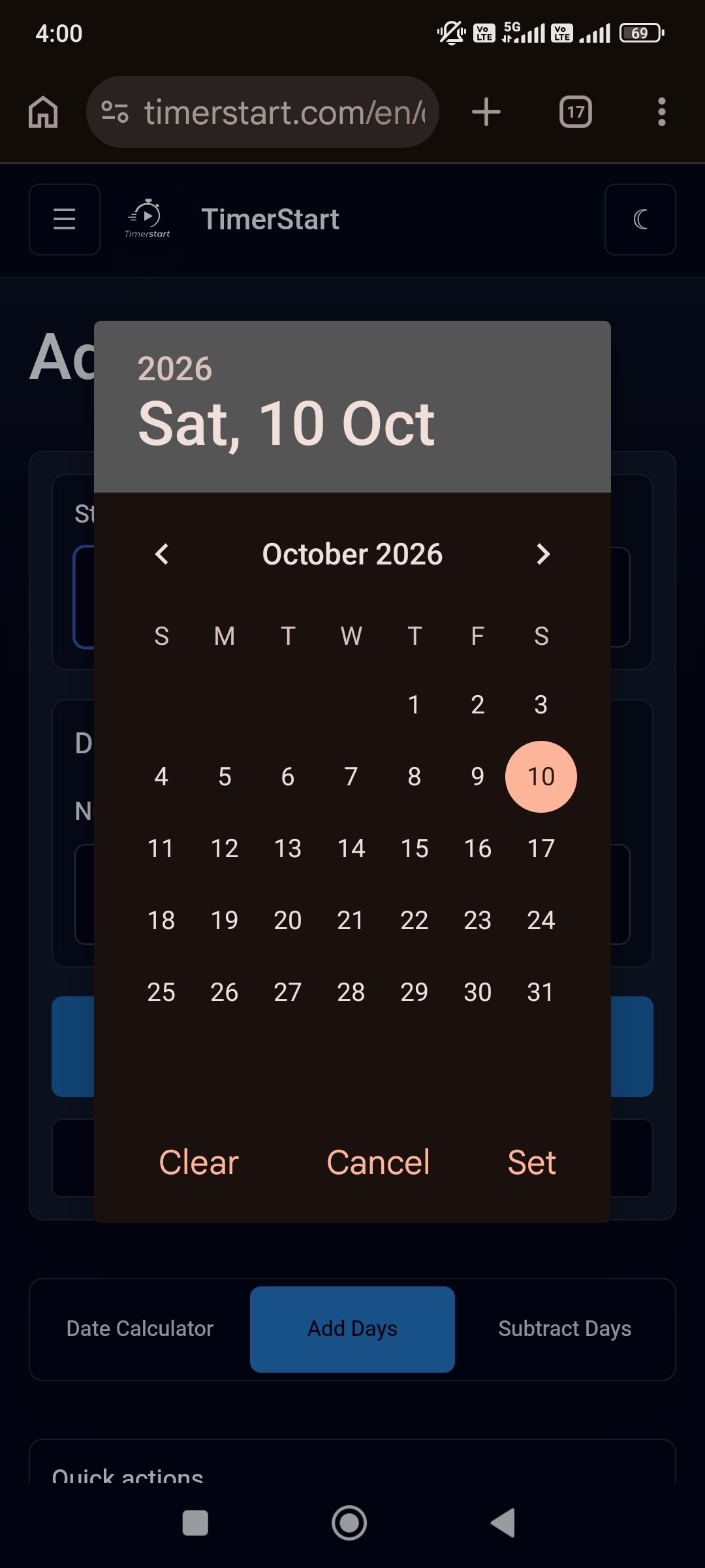 TimerStart Add Days calculator showing start date selection for October 10, 2026