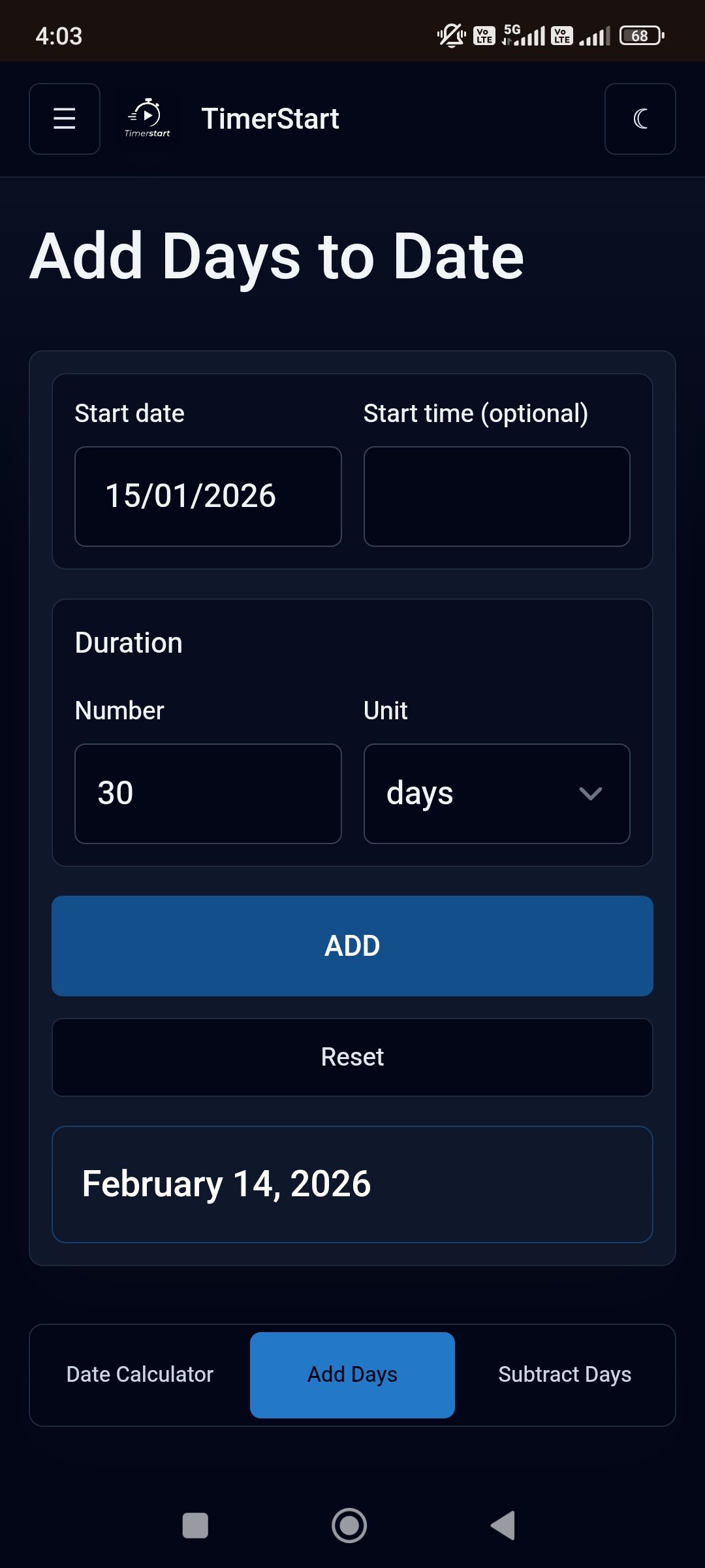 TimerStart Add Days calculator showing January 15, 2026 plus 30 days result