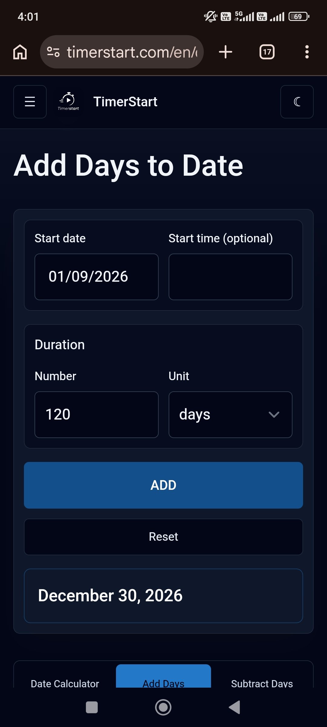 TimerStart Add Days calculator showing September 1, 2026 plus 120 days result