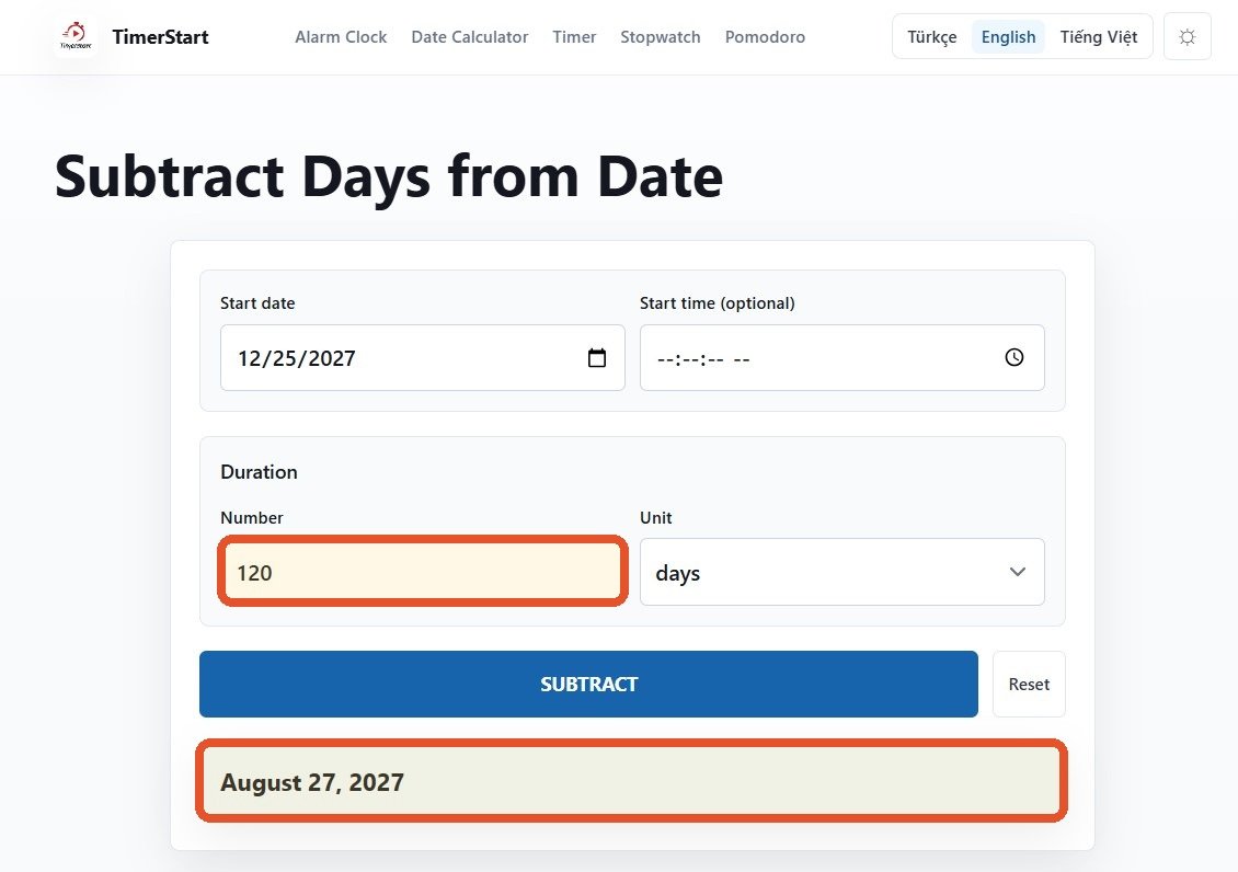 TimerStart Subtract Days calculator showing December 25, 2027 minus 120 days result as August 27, 2027