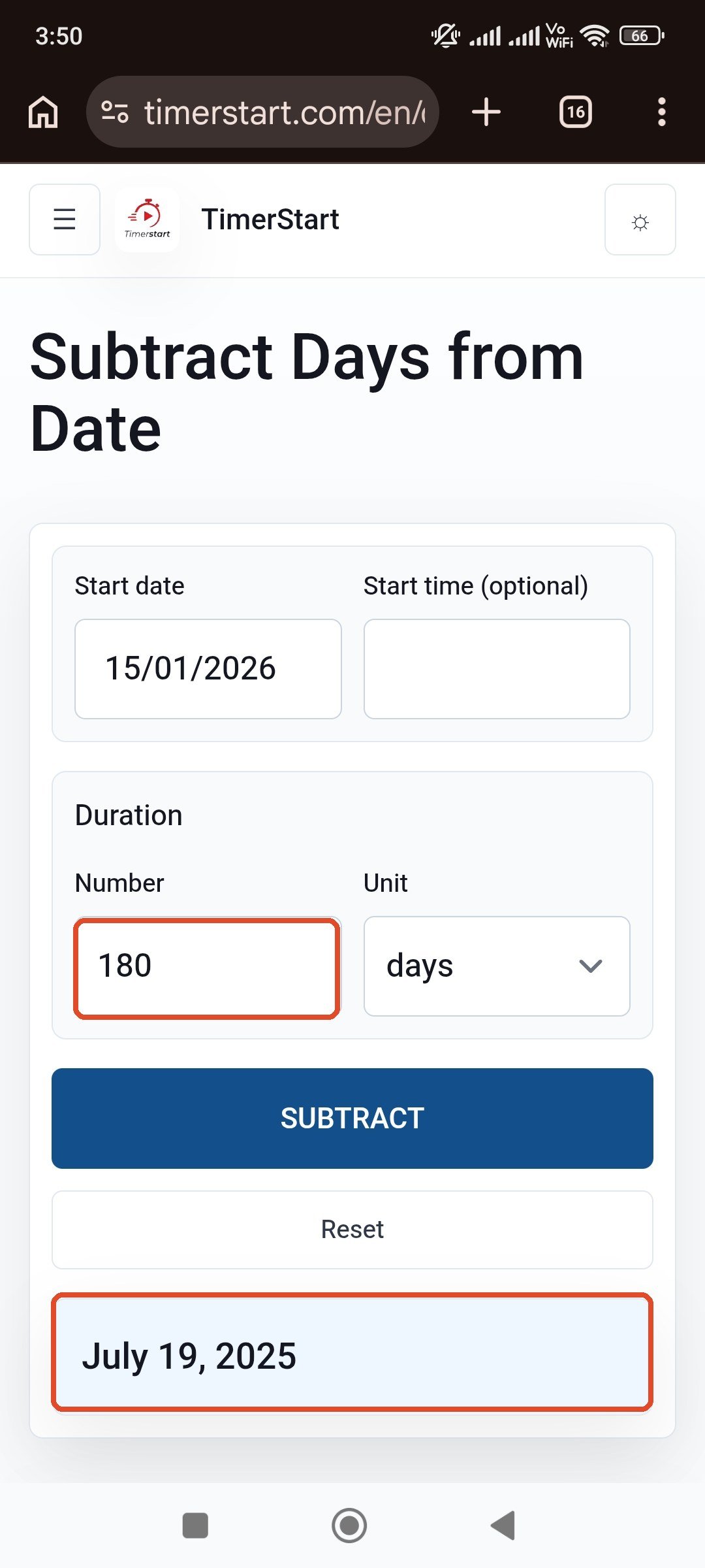 TimerStart Subtract Days calculator showing January 15, 2026 minus 180 days result as July 19, 2025