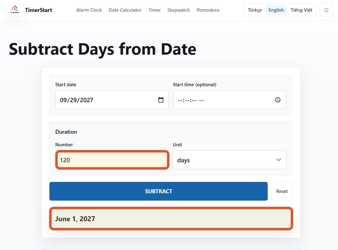 TimerStart Subtract Days calculator showing September 29, 2027 minus 120 days result as June 1, 2027