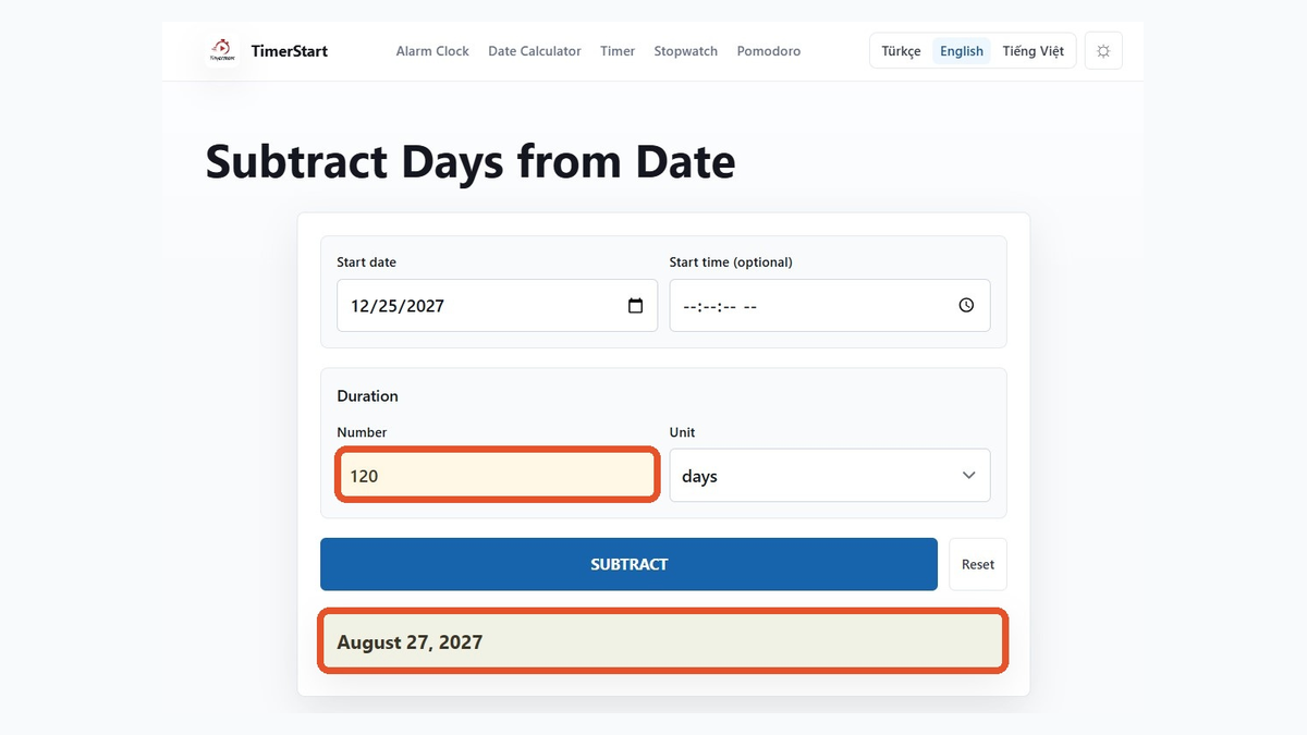 TimerStart Subtract Days calculator showing December 25, 2027 minus 120 days result as August 27, 2027