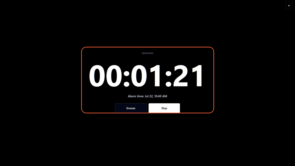 TimerStart browser alarm screen showing a remaining countdown, alarm time, and Snooze and Stop buttons