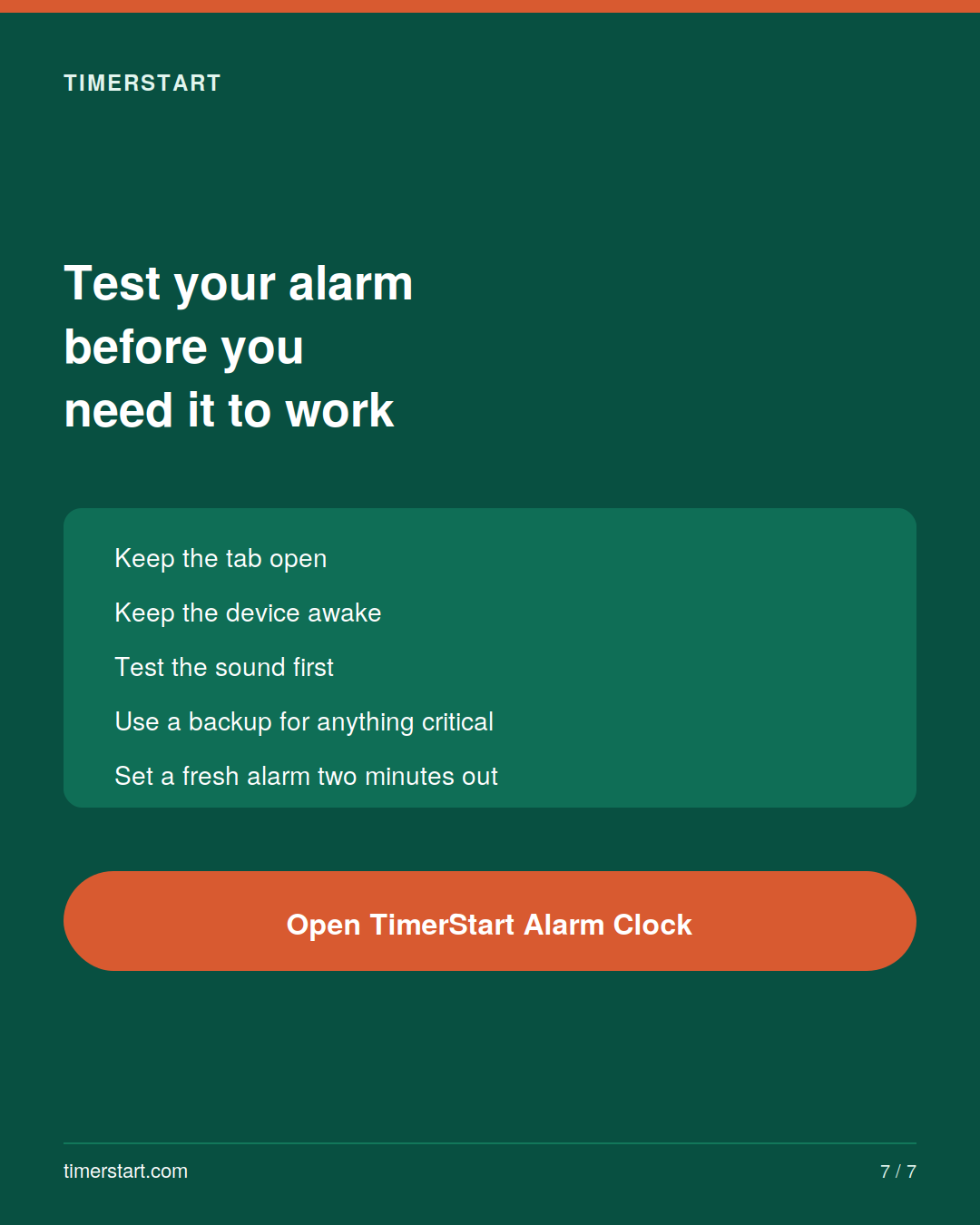 TimerStart slide encouraging users to test their alarm before relying on it
