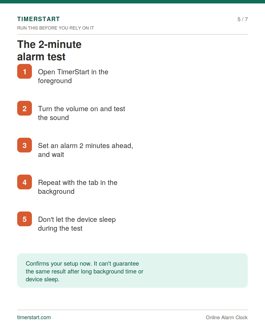 TimerStart slide explaining a two-minute browser alarm test