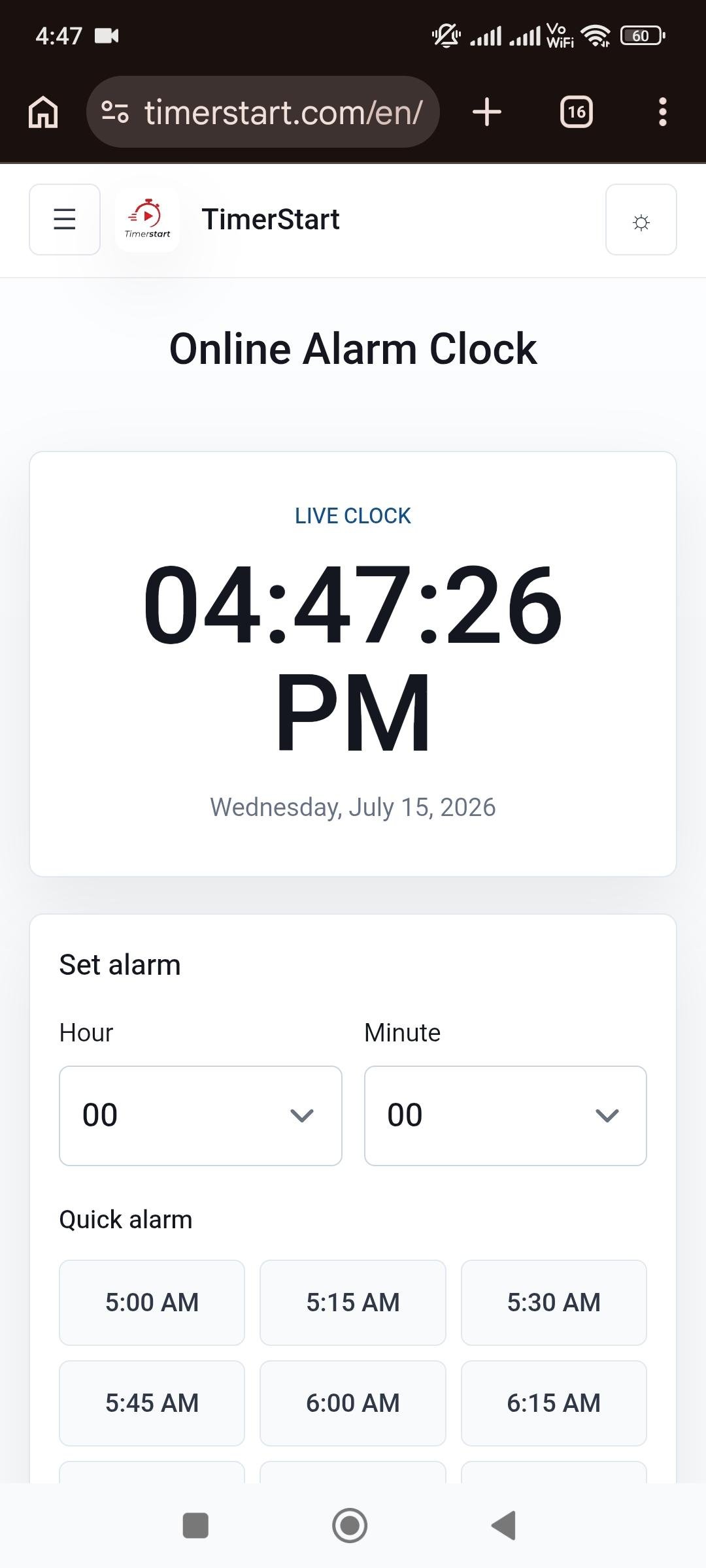 TimerStart Online Alarm Clock showing live clock and quick alarm options