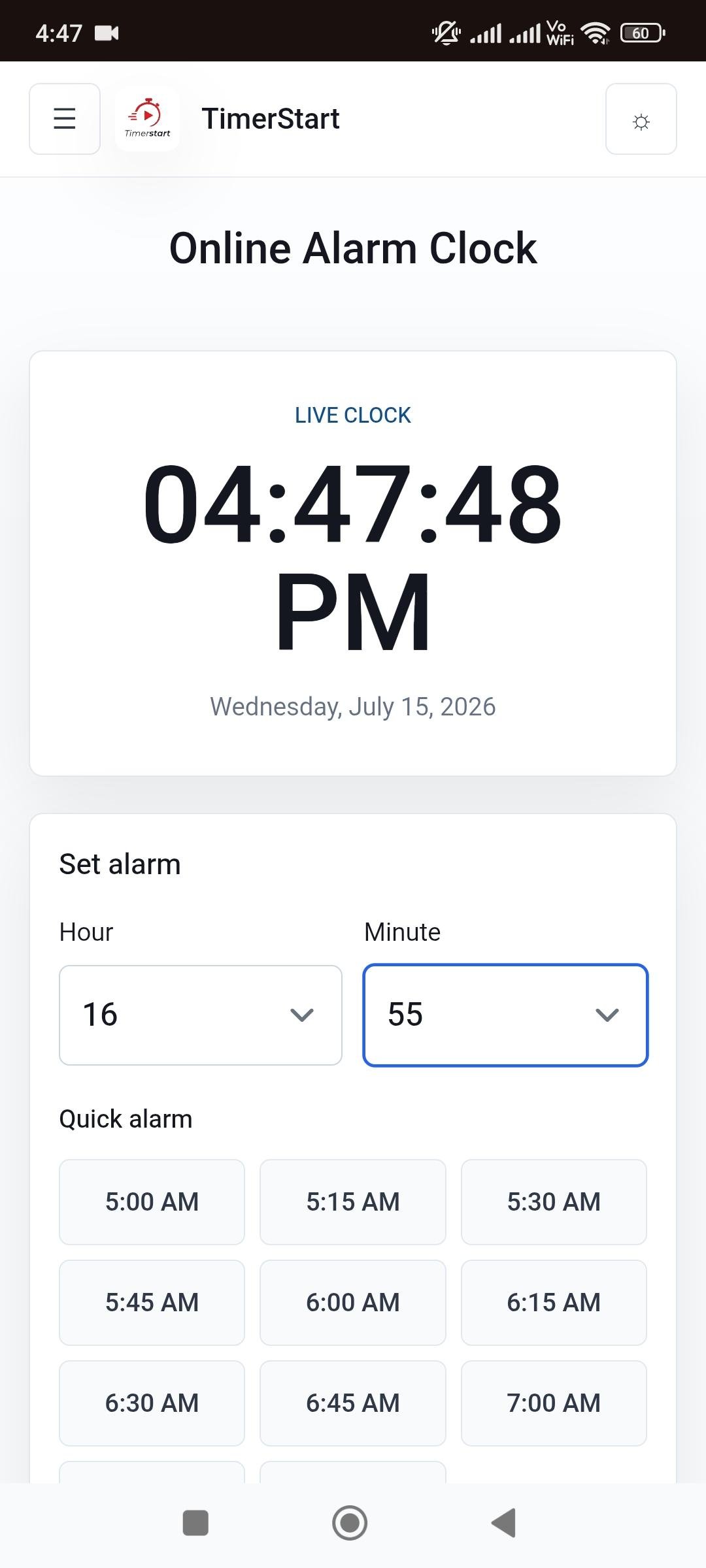 TimerStart Online Alarm Clock with hour and minute selected for an alarm