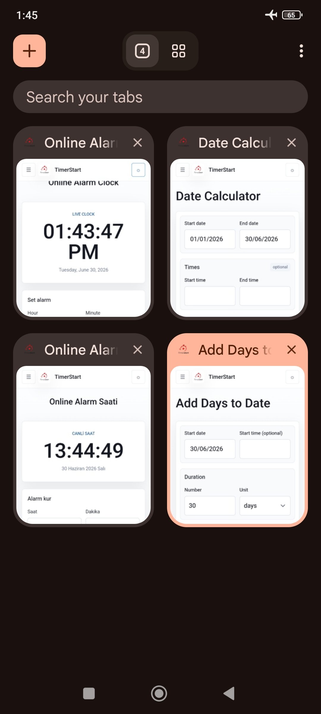 Multiple browser tabs open including an online alarm tab, illustrating background tab behavior