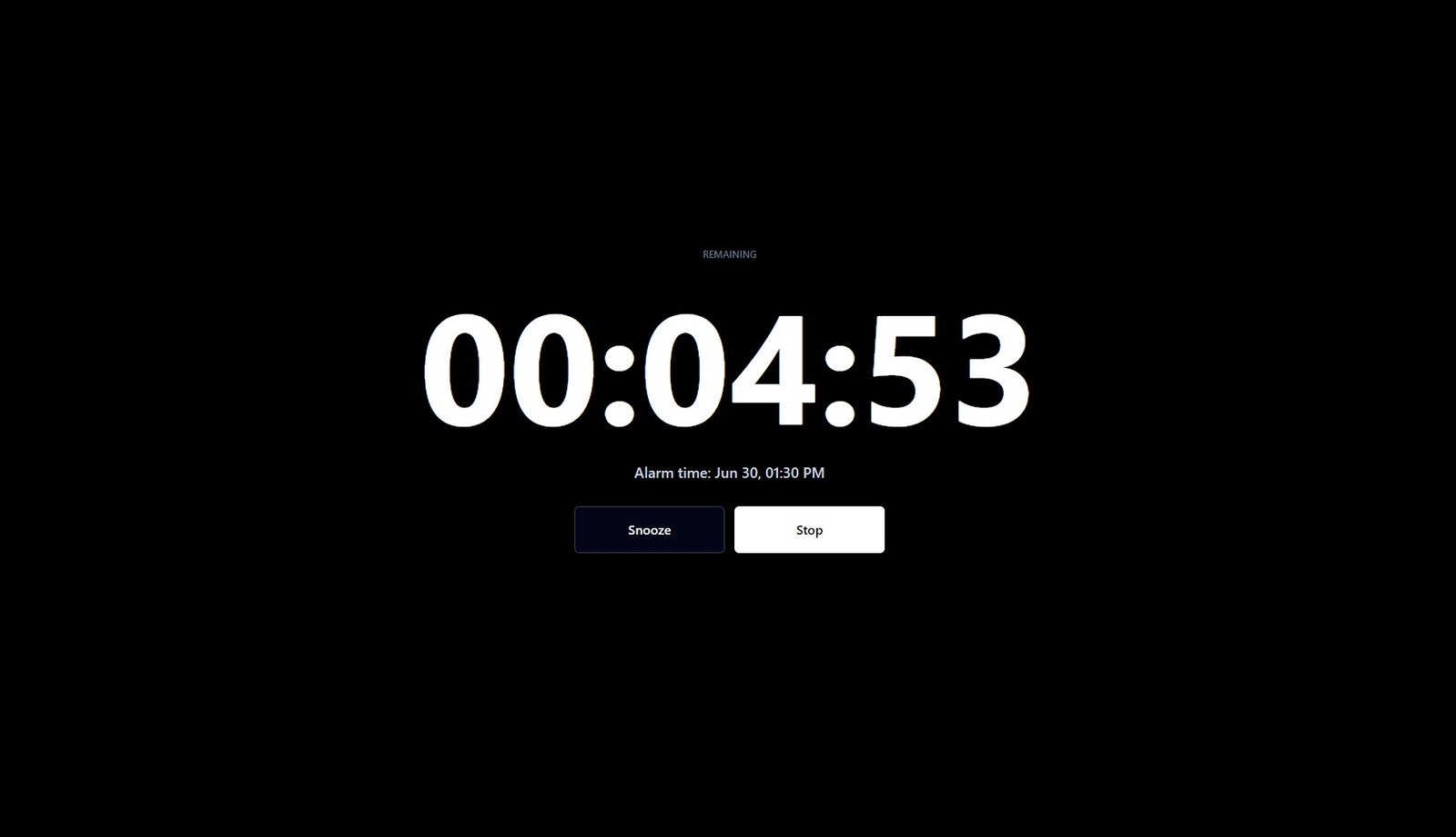 TimerStart alarm ringing screen with Snooze and Stop buttons on desktop