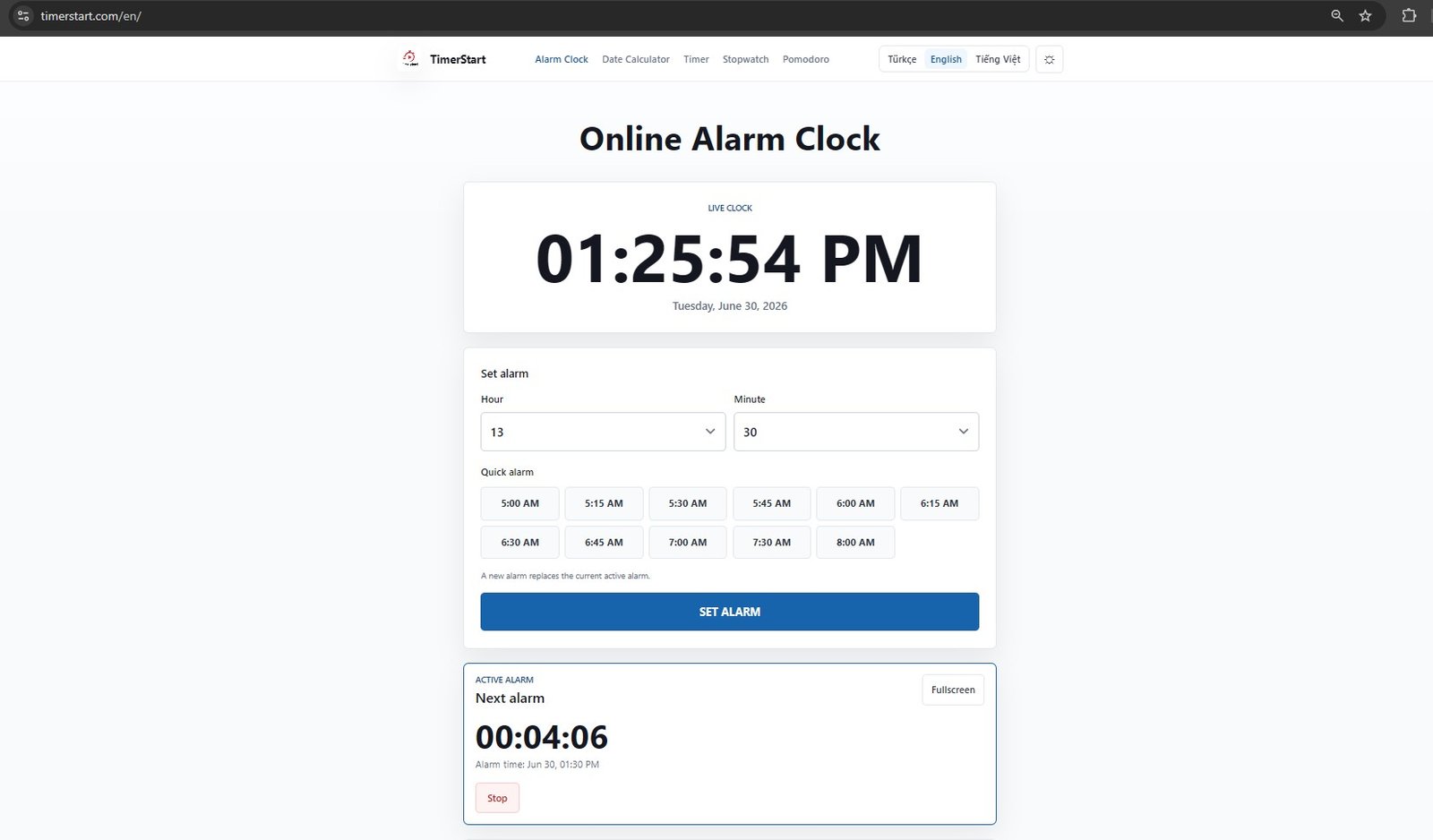 TimerStart online alarm clock set for 1:30 PM with active countdown on desktop