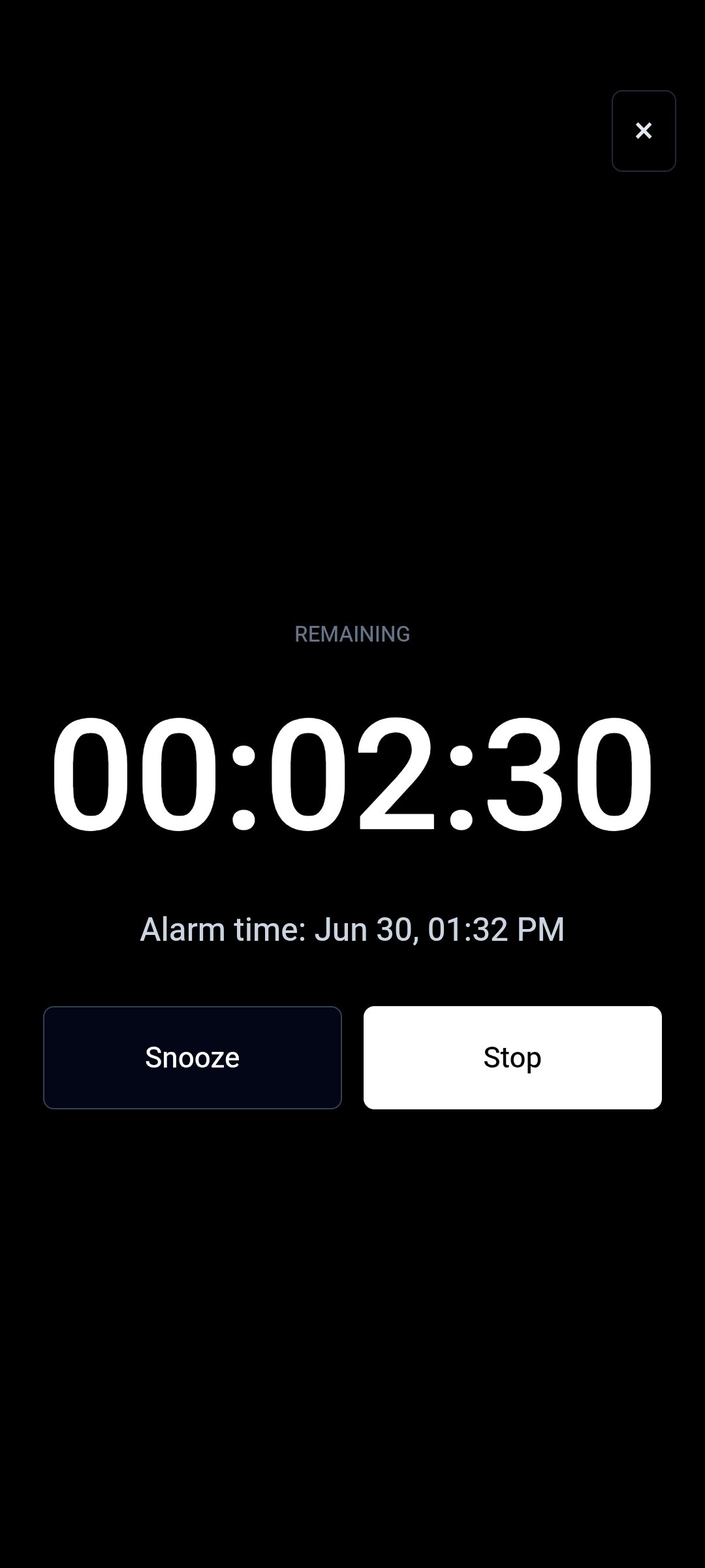 TimerStart alarm screen on mobile showing remaining time and Stop option