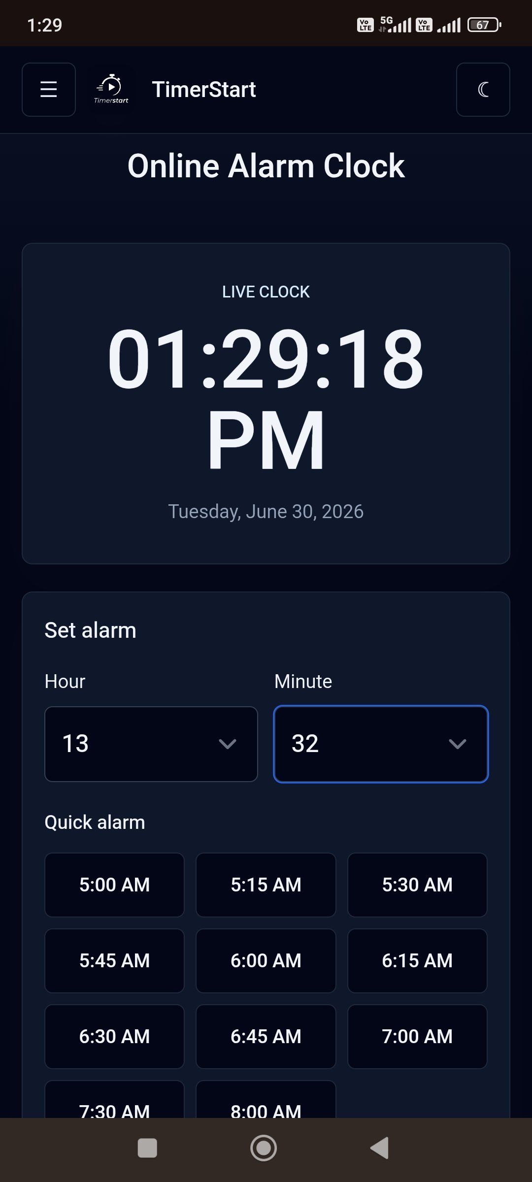 Setting an online alarm time on TimerStart's mobile interface